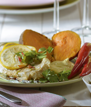 Zoete aardappel met kerrie crème fraîche