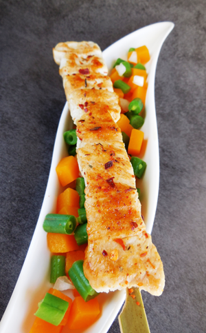 Kalkoenspiesjes  met sperziebonen en flespompoen